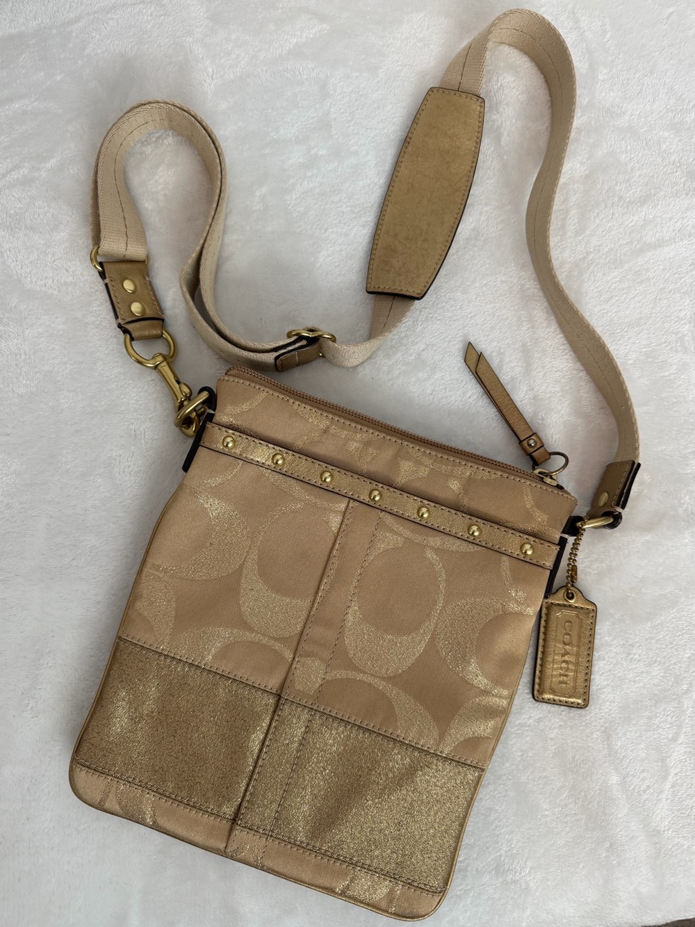 Coach Signature Stripe Shimmer Gold Studded Crossbody Purse | 2008
